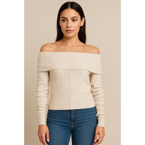 Off-Shoulder Cable Knit Sweater – Size S – Oatmeal Heather – NWT Jessica Simpson - Picture 1 of 8